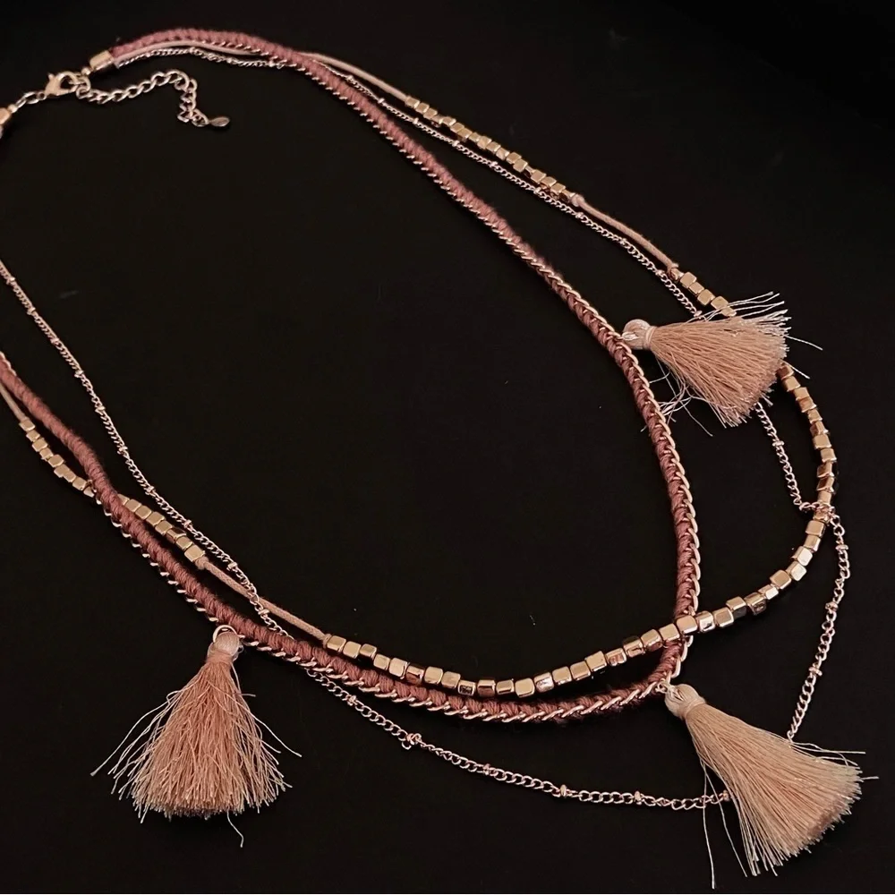Tasseled Tassel Beaded Statement Multi Layer Boho Necklace in Rose Gold